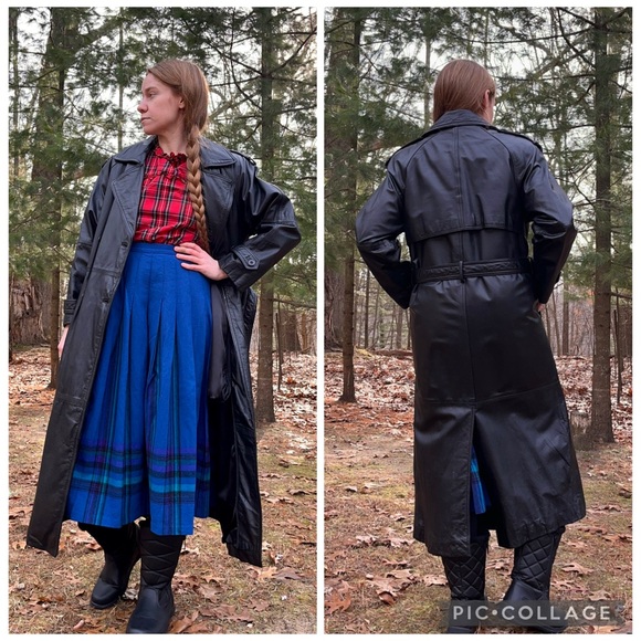 90s Wilsons Leather Maxi Trench Coat Black Men’s Size S - Picture 7 of 16